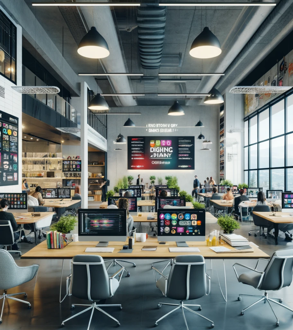 DALL·E 2024-04-07 18.34.17 - A modern, digital agency's office in Ankara, Turkey, showcasing an open space with sleek furniture and state-of-the-art technology. The environment is